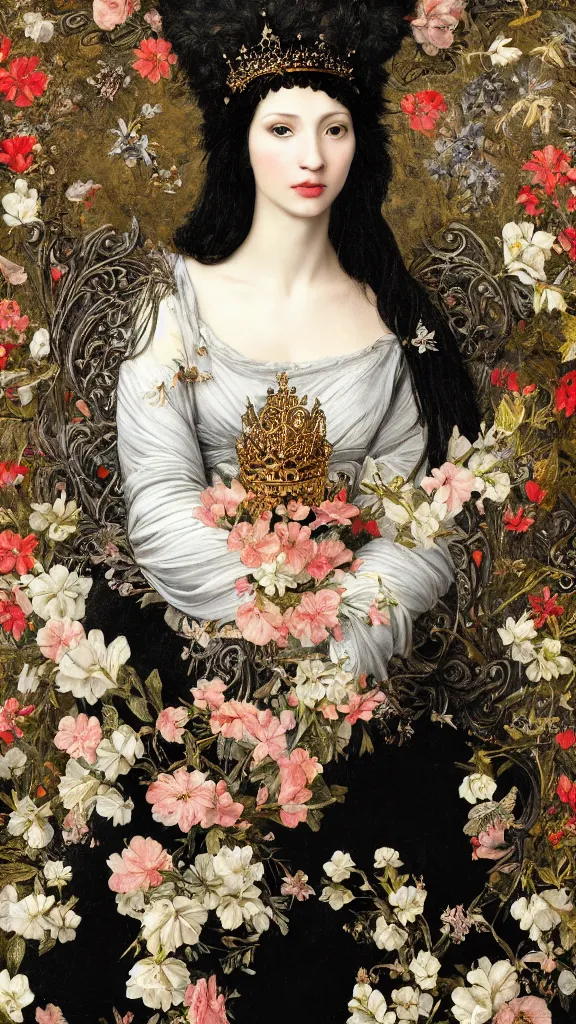 Image similar to a closeup portrait of a beautiful black haired woman with pale skin and a crown on her head sitted on an intricate metal throne, in an infinite landscape of flowers, photograph by caravaggio, canon eos c 3 0 0, ƒ 1. 8, 3 5 mm, 8 k, medium - format print