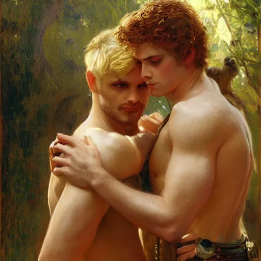 Image similar to attractive male, arthur pendragon who has blond hair confesses his love to attractive male, merlin who has dark hair. highly detailed painting by gaston bussiere, craig mullins, j. c. leyendecker 8 k