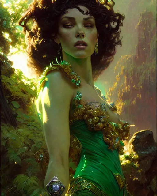 Prompt: emerald enchantress, fantasy character portrait, ultra realistic, concept art, intricate details, highly detailed by greg rutkowski, gaston bussiere, craig mullins, simon bisley, alphonso mucha