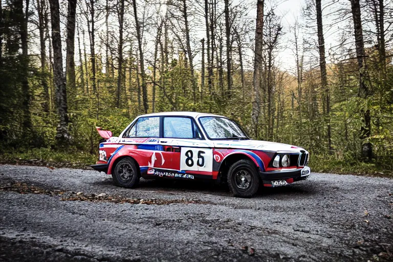 Image similar to A BMW 2002 rally car driving past a swedish village in the woods, high-speed sports photography