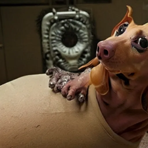 Image similar to creepy fat dachshund, practical fx horror film, body horror, cronenberg