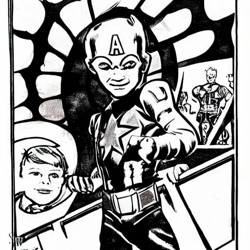 Prompt: a little boy with a mischievous face and short ginger hair. he is dressed as captain america, spider - man, batman, captain marvel, a superhero. well composed, clean elegant painting, beautiful detailed face. painting by steve ditko and jack kirby and alphonse mucha