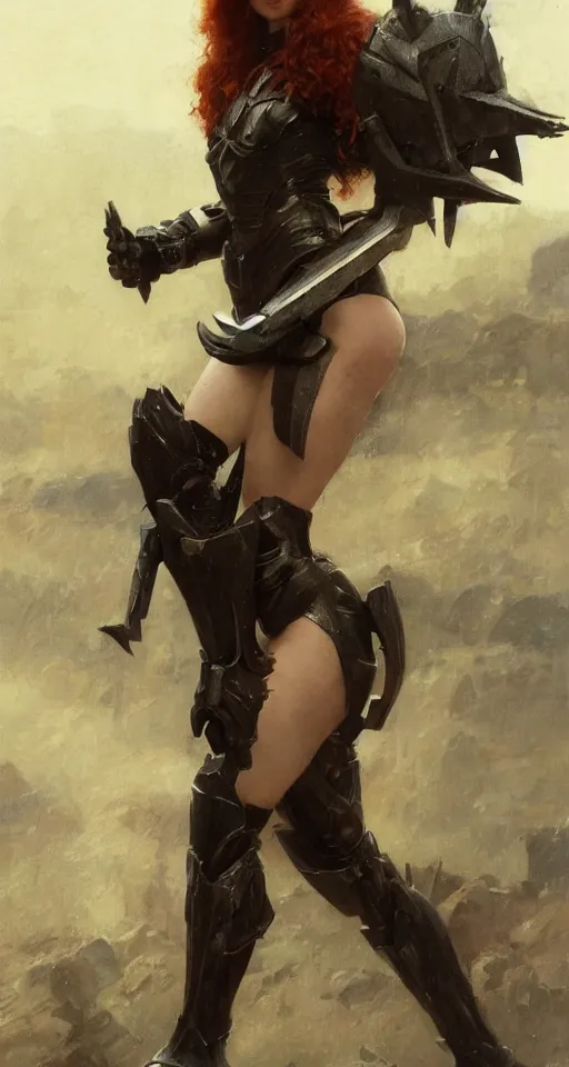 Image similar to short muscular redhead young woman wearing black lowpoly armour, bare legs, detailed, by gaston bussiere, bayard wu, greg rutkowski, giger, maxim verehin, greg rutkowski, masterpiece, sharp focus, cinematic lightning