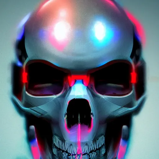 Image similar to full front face centered hyperdetailed portrait of a mecha skull ronin, 8k, digital painting, futuristic, black neon lights, trending on CG society