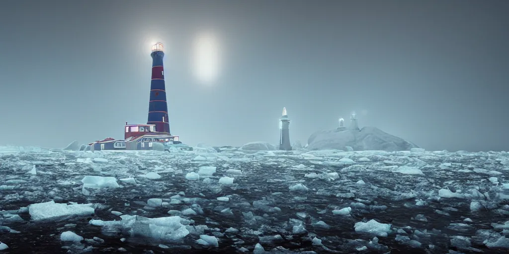 Image similar to epic huge soviet lighthouse in arctic, no frame, foggy, volumetric lighting, epic blue glow, by greg rutkowsky, shishkin and aivazovsky