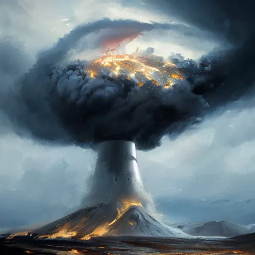 Image similar to still life painting of a wind-turbine getting hit by a volcano, by Greg Rutkowski, iceland landscape, dramatic lighting, epic, gargantuan, intricate detail, trending on artstation