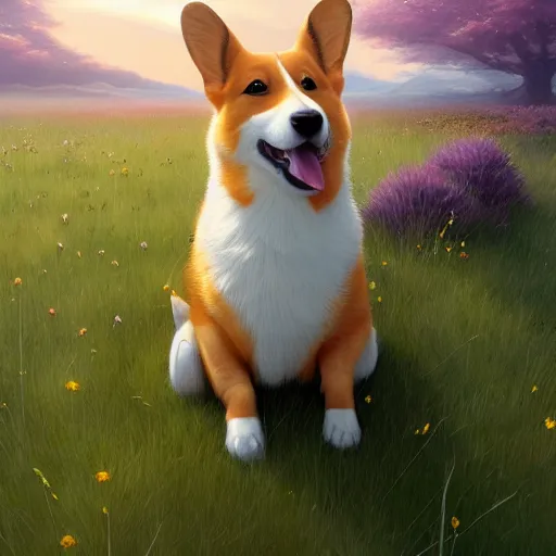 Prompt: angelic corgi, adorable, cute, hyperrealistic, very lifelike, extremely detailed, soft meadow background, beautiful digital illustration by artgerm, moebius, greg rutkowski, ruan jia, simon stalenhag, makoto shinkai, trending on artstation, pixiv, 8 k, masterpiece, award - winning