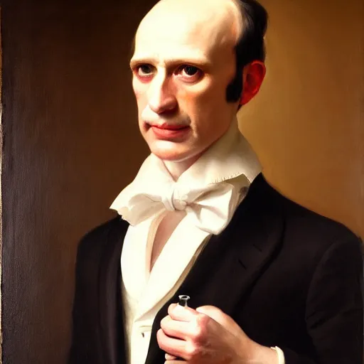 Image similar to portrait of a man wearing a black suit jacket and with amazon milk frog as his head, tan vest, and white ascot, an american romanticism painting, a portrait painting, cgsociety, soft focus, oil on canvas