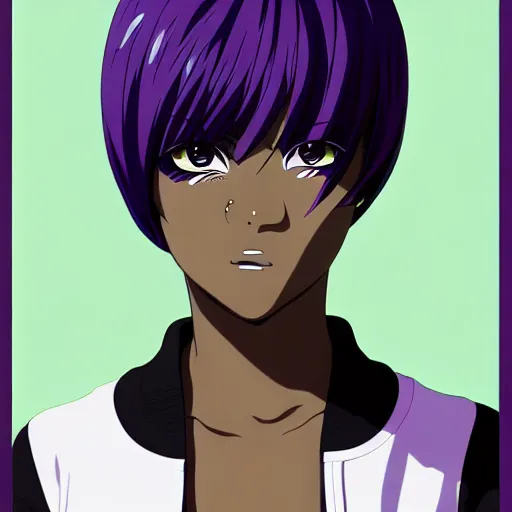 Image similar to anime poster film still portrait, young black woman, black black black woman, purple colored eyes, ( purple colored eyes!!!!!! ), white french bob hairstyle, green colored bomber jacket, detailed facial features, dynamic pose,, rimlight, cel shaded, 4 k