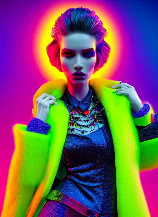 Prompt: coat for a rave, bright colors, many details, prints, photo for a magazine, photo for a store, fashion photography, Vogue, 135 mm, cinematic, hyper realism, high detail, octane render, 8k, chrome accents, very coherent symmetrical artwork, perfect face model, full length photo