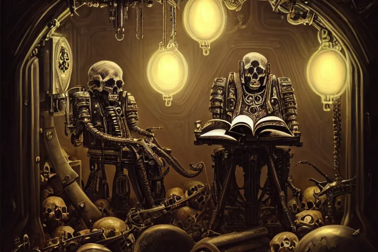 Prompt: Mechanicus Tech-Priest reading an old book in a room decorated with way too many skulls, fantasy, sci-fi, intricate, elegant, dramatic lighting, emotionally evoking symbolic metaphor, highly detailed, lifelike, photorealistic, digital painting, artstation, concept art, smooth, sharp focus, illustration, art by John Collier and Albert Aublet and Krenz Cushart and Artem Demura and Alphonse Mucha