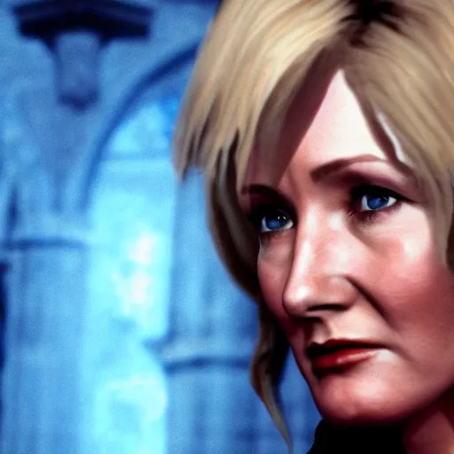 Image similar to JK Rowling as a character in Devil May Cry, film still, photorealistic, medium shot