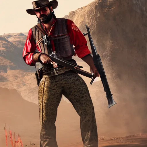 Prompt: concept art of a Kurdish peshmerga soldier in Red Dead Redemption 2, incredibly detailed, extremely high resolution