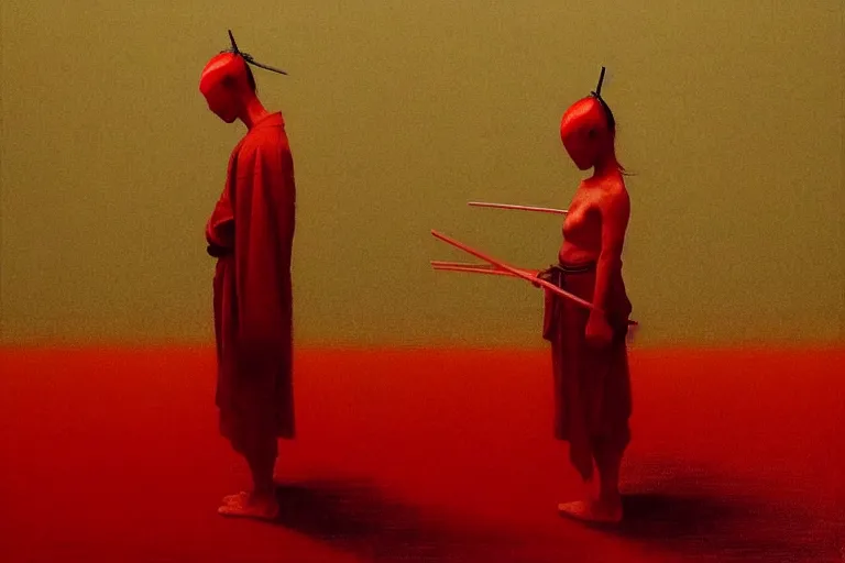 Image similar to only with red, a red samurai harakiri, tokio, a lot of frogs watch, in the style of beksinski, parts by edward hopper, parts by rodcenko, parts by yue minjun, intricate and epic composition, red by caravaggio, insanely quality, highly detailed, masterpiece, red light, artstation, 4 k