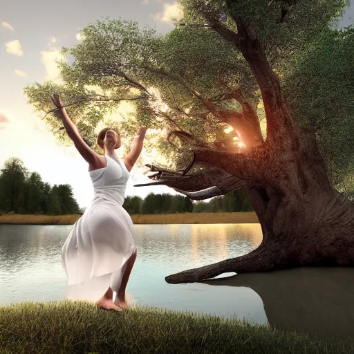 Prompt: A gorgeous woman doing karate moves in a white dress on a fallen tree at sunset, next to a lake with the reflection of her soul in it. Epic unreal Photorealistic render 8k
