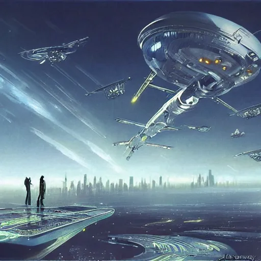 Image similar to gorgeous sci fi imagery | landing spot | space and city flying craft | futuristic | beautiful couple in the foreground heading to their hovering transport | futurism | modern couple | futuristic cityscape in the background | medium angle | by john berkey, greg rutkowski, james gurney