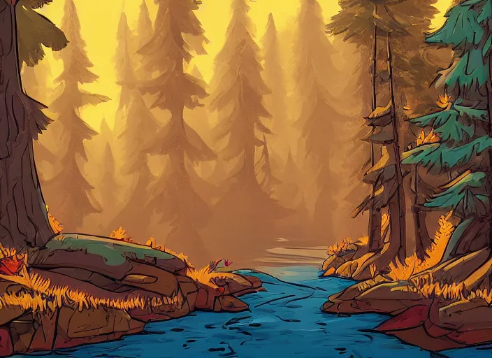 Image similar to gravity falls forest artwork, dramatic theming, mood lighting, unfortunate, hand painted cartoon art style, brutal, autumn, golden sunset, nostalgia, scenic, with text, 8k, award winning, wish you were here, mystical, beautiful, amazing