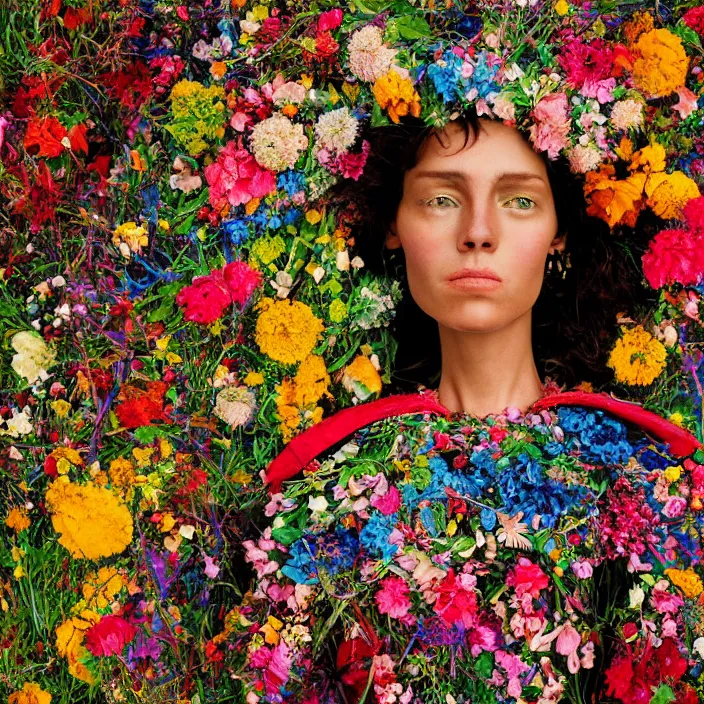 Image similar to closeup portrait of a robot wearing a cloak made of flowers and rainbows, in an empty field, by Annie Leibovitz and Steve McCurry, natural light, detailed face, CANON Eos C300, ƒ1.8, 35mm, 8K, medium-format print