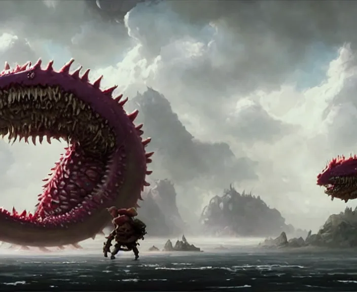 Image similar to still frame from Cloudy with a Chance of Meatballs 2 (2013) of possessed dragon fruit sandworm dragon, Scyth game art by peter Mohrbacher by Jakub Różalski by jakub rozalski