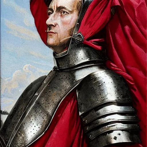 Image similar to full plate fluted polished armor 15th century gothic armor. maximilian,Solomon Joseph Solomon and Richard Schmid and Jeremy Lipking victorian genre painting portrait painting of a old rugged movie actor german knight 15th century character in fantasy costume red background