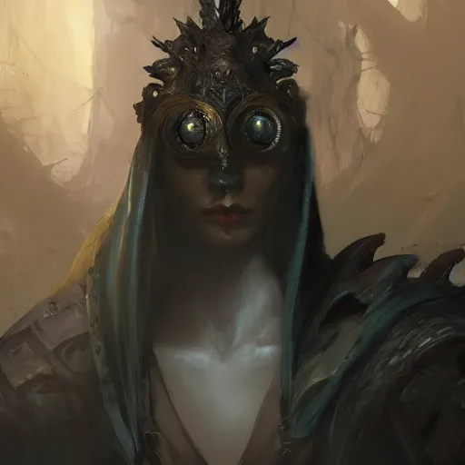 Prompt: magic the gathering character art by bastien lecouffe deharme of a eldritch warrior with a venice mask and a cloak made out of shadows and black feathers