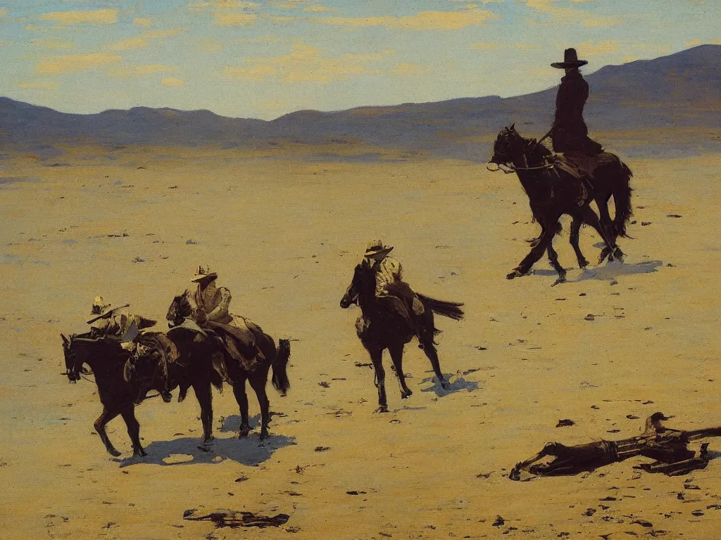 Image similar to a beautiful landscape painting by frederic remington, trending on arstation