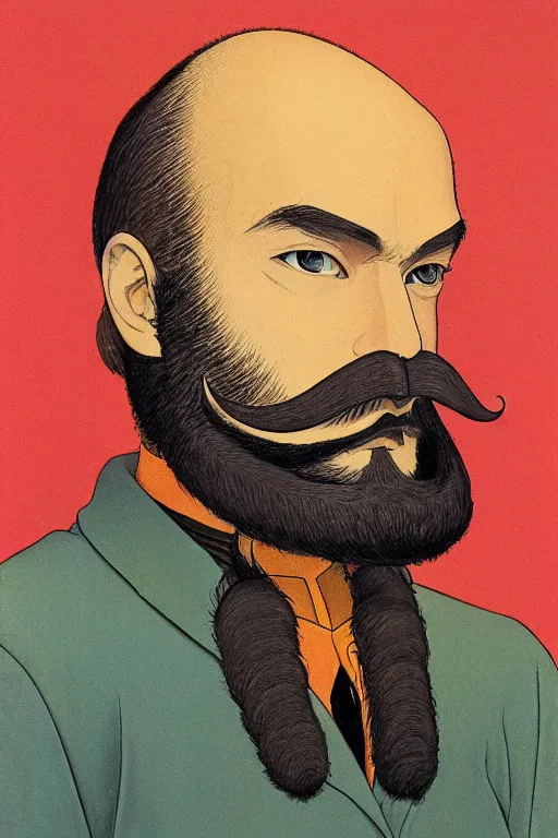 Prompt: a colorful closeup portrait of a handsome young bald man with a very long wild beard and handlebar moustache riding a golden motorcycle and dreaming psychedelic hallucinations in the vast icy landscape of antarctica, by kawase hasui, moebius and edward hopper, colorful flat surreal design, hd, 8 k, artstation