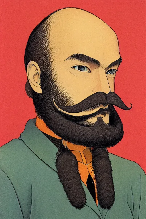 Image similar to a colorful closeup portrait of a handsome young bald man with a very long wild beard and handlebar moustache riding a golden motorcycle and dreaming psychedelic hallucinations in the vast icy landscape of antarctica, by kawase hasui, moebius and edward hopper, colorful flat surreal design, hd, 8 k, artstation