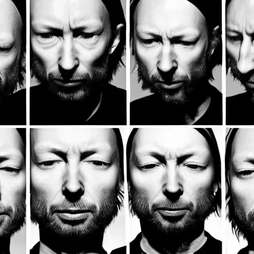 Image similar to versions of variations, hyper realistic, many variations of thom yorke, face variations, various emotions, various poses, high quality, intricate details, beautiful lighting