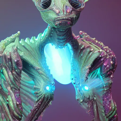 Image similar to skin concept alien, in full growth, mineral crystals instead of skin, magical crystals, smoky crystals, translucent crystals, luminous sparkling crystals, many details, 3 d, cinematic, hyper realism, high detail, octane render