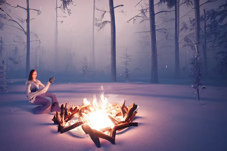 Prompt: a beautiful woman made out of crystal ice sitting by a campfire and slowly melting, by iris van herpen, unreal engine 5, volumetric lighting, path tracing, outdoor campfire pit