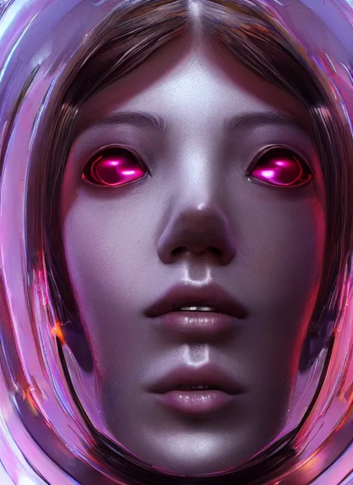 Image similar to beautiful portrait of an alien cyborg, style of Feng Zhu, Artstation, geometric, aesthetic, big eyes, smooth skin, unique features, symmetrical, volumetric lighting, streetwear, cyberpunk, detailed, octane render, cinematic, 8k,opalescent skin, retro sci fi film,