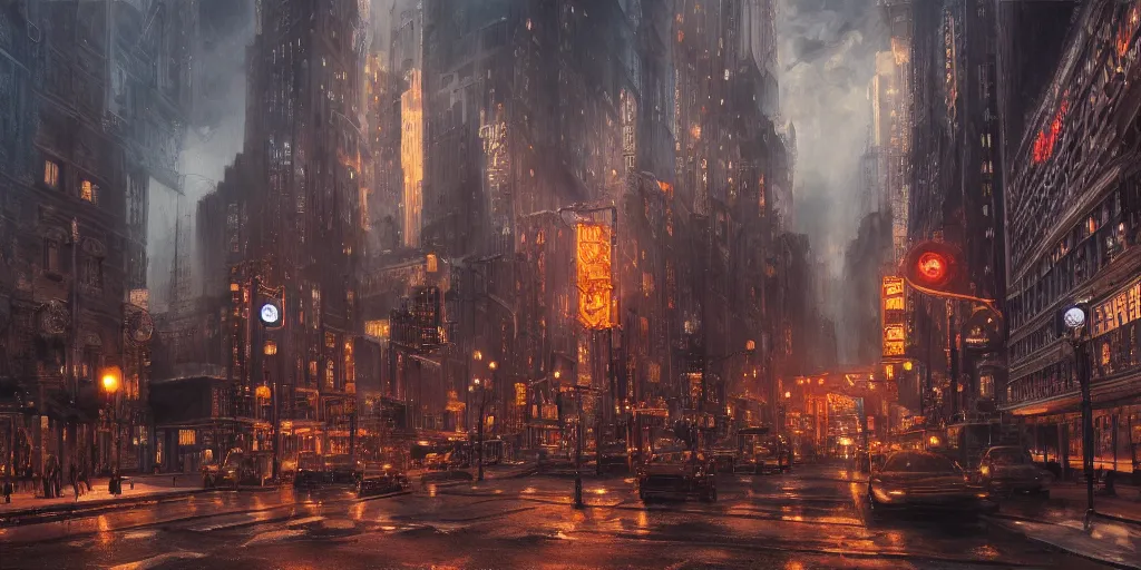 Prompt: steampunk NYC, cinematic lighting, detailed oil painting, hyperrealistic, 8k