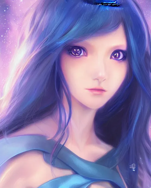 Image similar to A realistic anime portrait of a beautiful cosmic woman with glowing blue eyes and cosmic skin wearing clothes made of universes, digital painting, by Stanley Artgerm Lau, Sakimichan, WLOP and Rossdraws, digtial painting, trending on ArtStation, SFW version