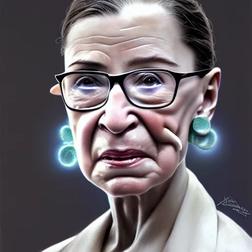 Image similar to a hyper - realistic character concept art portrait of ruth bader ginsburg young, depth of field background, artstation, award - winning realistic sci - fi concept art by jim burns and greg rutkowski, beksinski, a realism masterpiece, james gilleard, bruegel, alphonse mucha, and yoshitaka amano.