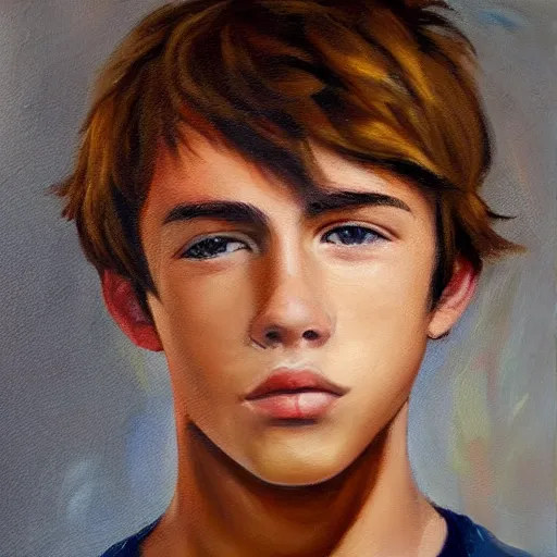 Image similar to beautiful oil painting of a teenage boy with short side part light brown hair and brown eyes