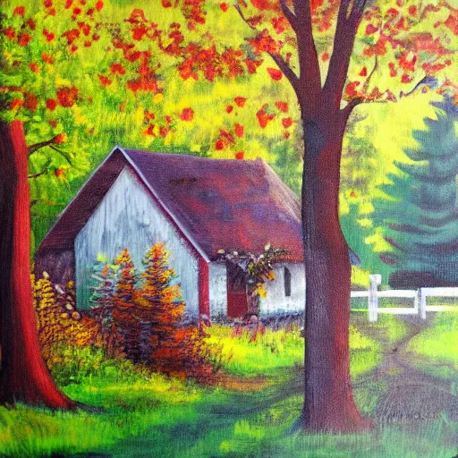 Image similar to farmhouse in the woods painted by jerry smith, acrylic painting