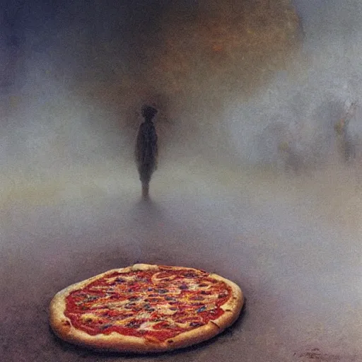 Image similar to pizza on the ground painted by beksinski, oil painting, high detail, moody, atmospheric light, 8 k, colorful