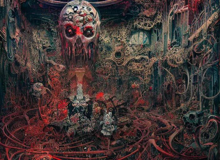Prompt: eventually even humans who avoided the world were drawn into its madness. inside an grand, ornate brutalist space ship, creepy, diabolical, dark, mystical, hyper surrealism, neo - gothic, neon glow, intricate and highly detailed painting by james jean, adrian ghenie, takato yamamoto, and gerhard richter.