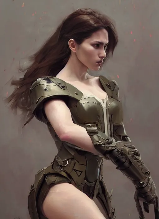 Image similar to a professional painting of a beautiful young female, clothed in military armor, olive skin, long dark hair, beautiful bone structure, symmetrical facial features, intricate, elegant, digital painting, concept art, smooth, sharp focus, illustration, from Metal Gear, by Ruan Jia and Mandy Jurgens and Artgerm and William-Adolphe Bouguerea