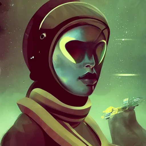 Prompt: a beautiful portrait of a space bounty hunter by dave mckean trending on artstation