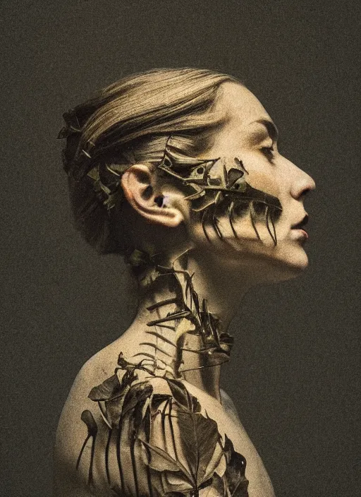 Image similar to a woman's face in profile, made of leaf skeleton, in the style of the Dutch masters and Gregory Crewdson, dark and moody