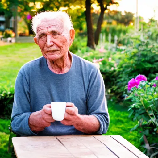 Prompt: old man drinking coffee at a small table outdoors, flower garden in the background, golden hour