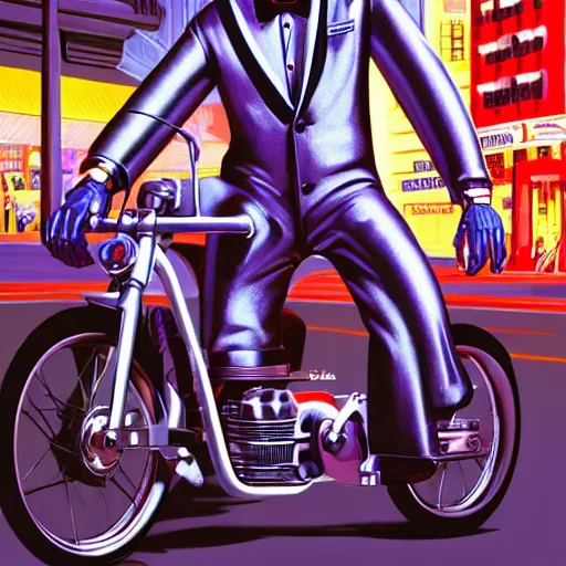 Prompt: Portrait of pee-wee herman as a chrome cyborg, city street at night, highly detailed, digital painting, artstation, concept art, illustration, dramatic lighting, art by syd mead and hajime sorayama