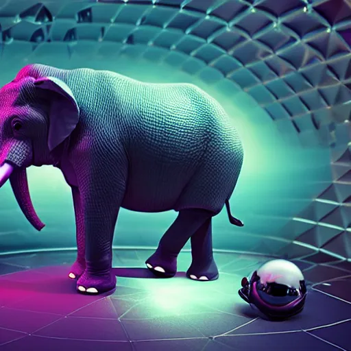 Image similar to a hyperrealistic photograph 3D octane render of an elephant wearing virtual reality goggles playing a synthesizer inside of a geodesic dome planetarium with planets and galaxies, trending on artstation, 8k, 4K, dramatic lighting, glowing, volumetric lighting, ray tracing, unreal engine