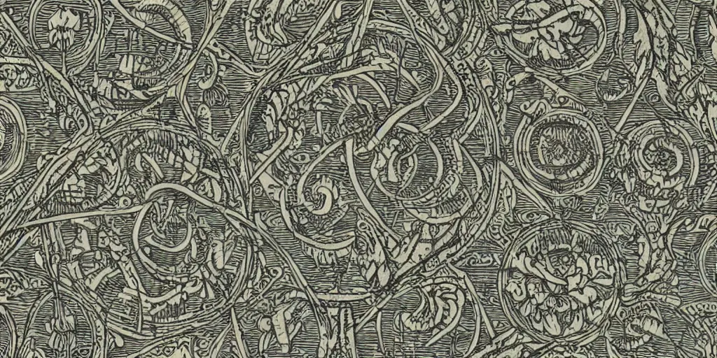 Prompt: scan of old symmetrical patterned wallpaper showing hay creatures and cryptic occult alpine symbols and dolomites, wood engraving