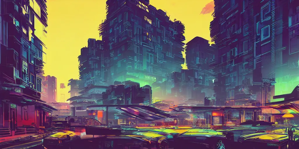 Image similar to brick apartment buildings street scene neon futuristic cyberpunk vaporwave tron glow sunset clouds sky illustration by syd mead concept art