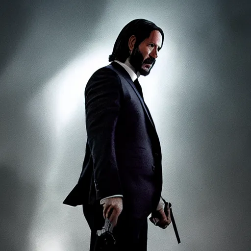 Image similar to john wick looking at thanos, rainy day, volumetric lighting, sharp focus