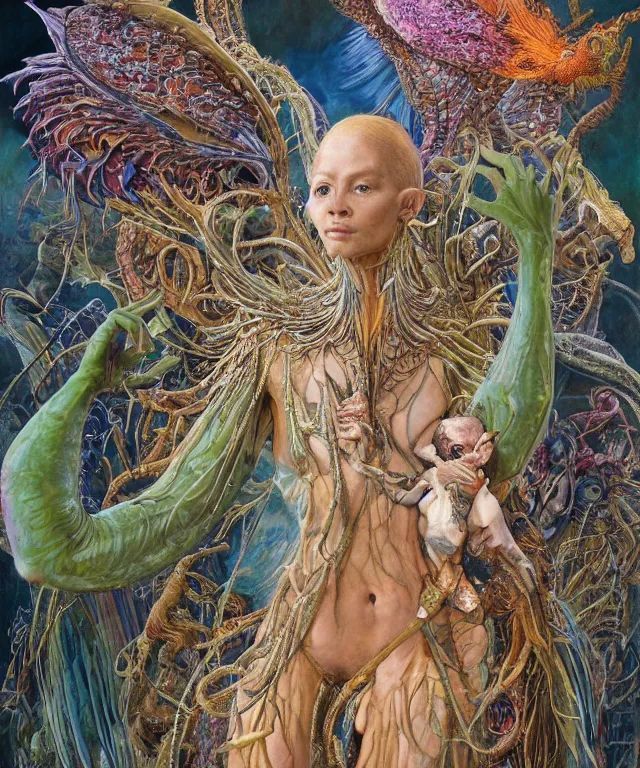 Prompt: a portrait photograph of uma thuman as a strong alien harpy queen with amphibian skin. she is dressed in a colorful slimy organic membrane catsuit and transforming into an bird with an armored exoskeleton. by donato giancola, walton ford, ernst haeckel, peter mohrbacher, hr giger. 8 k, cgsociety, fashion editorial