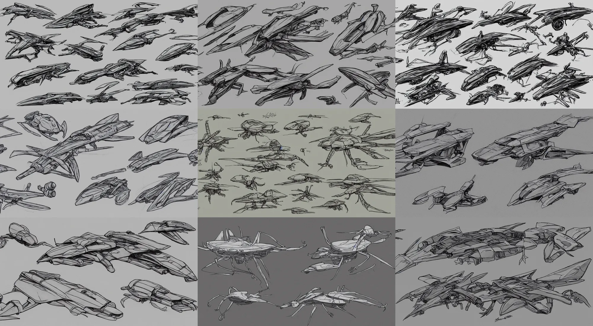 Prompt: mantis spaceship sketches